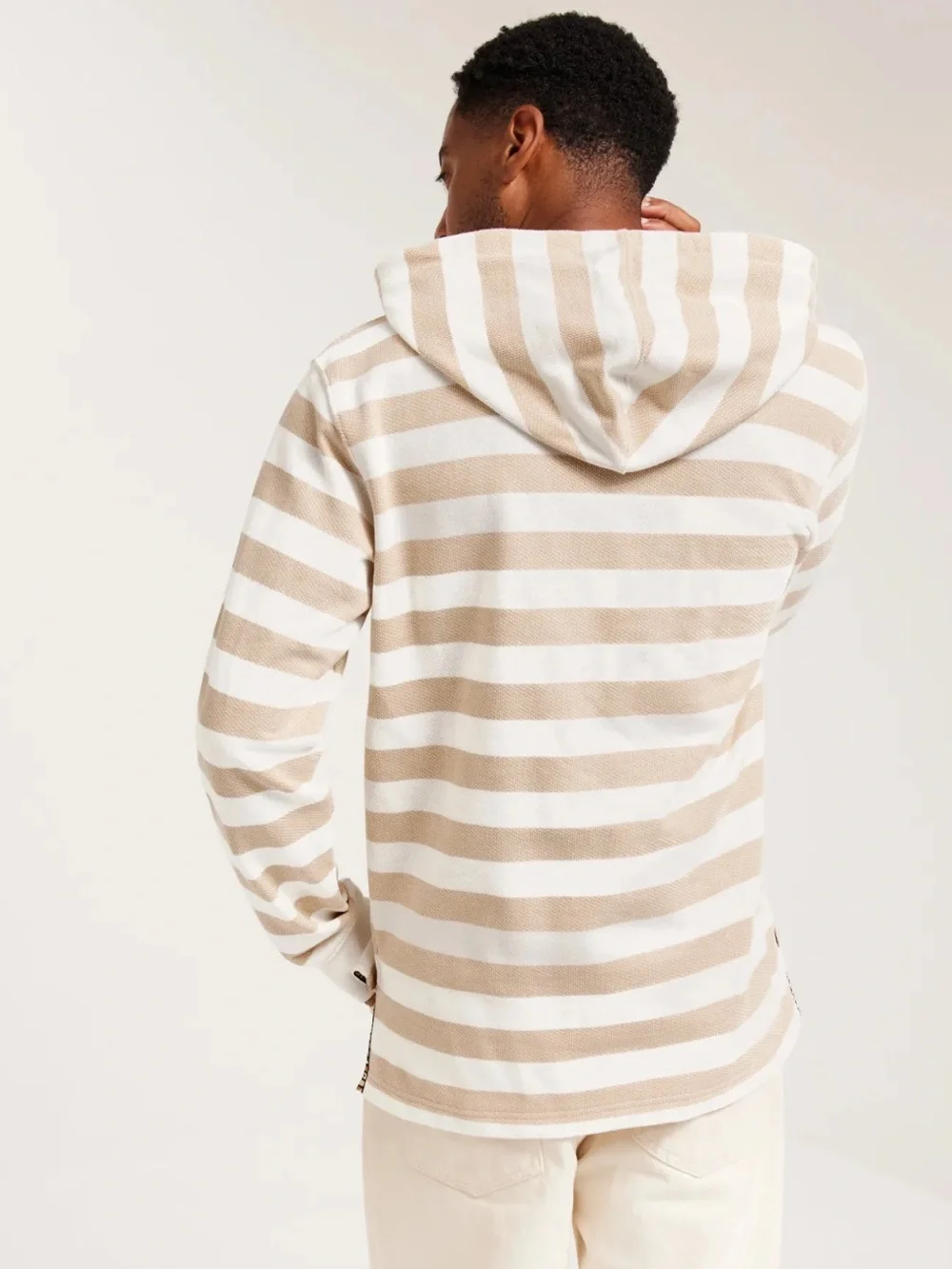 Adidas Tan & White Striped Henley Hoodie Pullover Sweatshirt Mens Knit Shirt